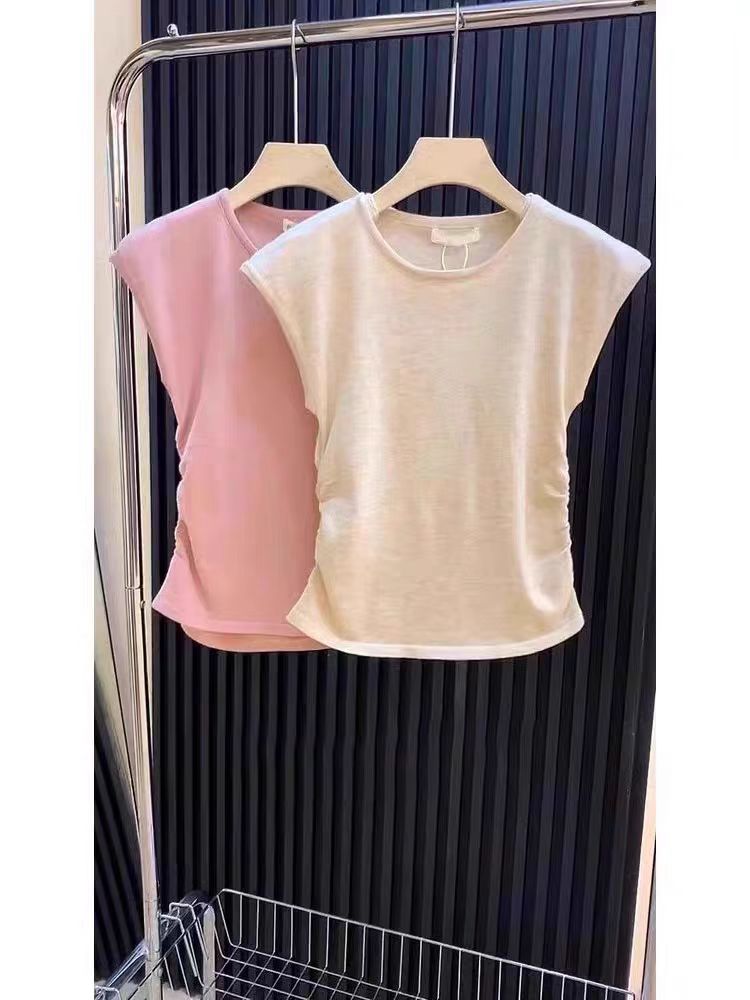 Summer Korean style simple solid color round neck short-sleeved flying sleeve sweater for women niche casual versatile slim T-shirt top