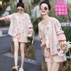 批发新中式国风短裤套装女夏高级感盘扣印花防晒开衫外套小个子两件套