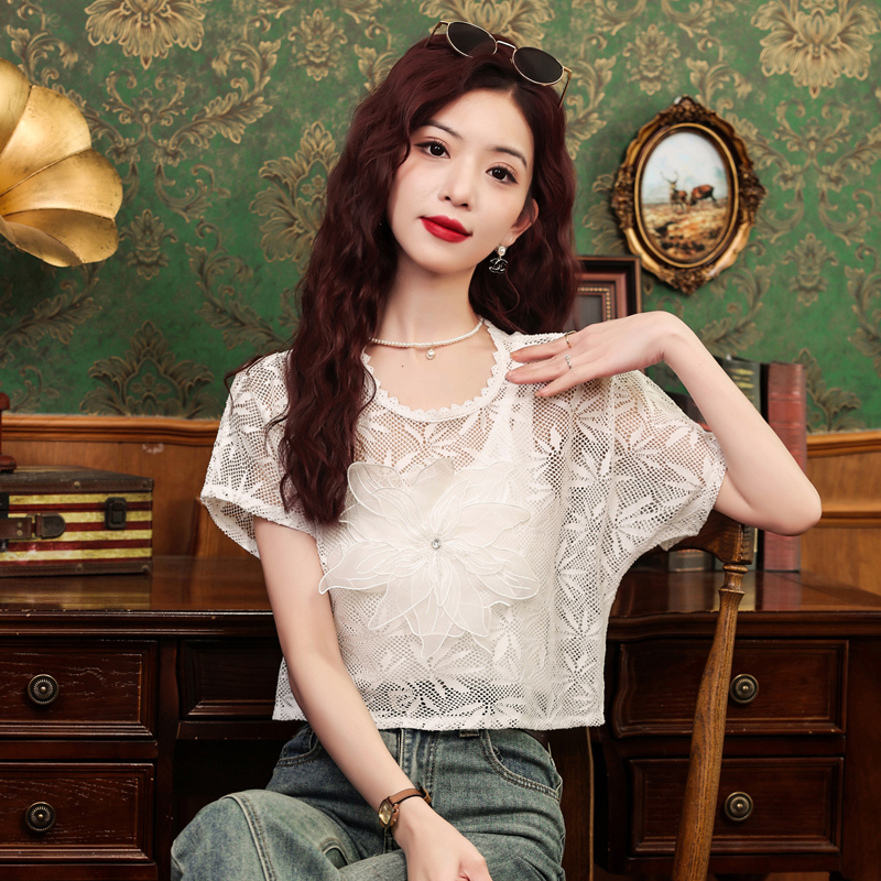 여름 캐주얼 루즈핏 블라우스 라운드 넥 반팔 얇은 스타일 외부 가져 가라. 품격 쇼트 스타일 기본 셔츠