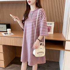 批发3086#实拍实价抖音质量/纯棉/后包领/中长款宽松条纹<b class='q'>T</b><b class='q'>恤</b>连衣裙