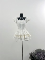 少女椰子 天鹅梦境初恋清纯奶甜套装白色衬衫上衣a字蛋糕裙两件套