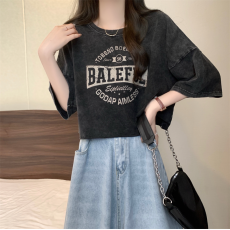 实拍实价 新款复古做旧水洗T恤印花短袖上衣