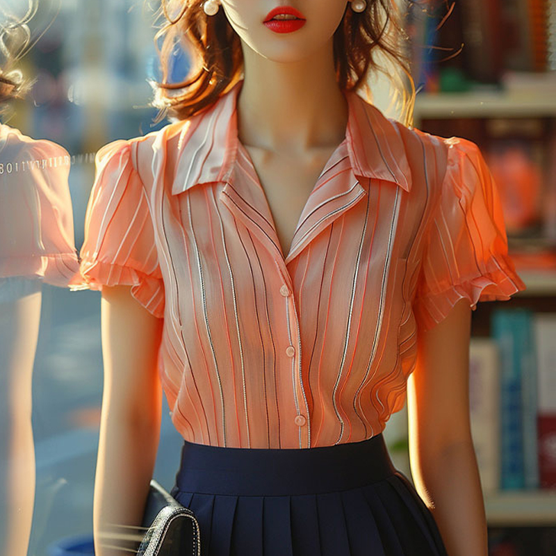 PF6989#夏日多巴胺橙色条纹短袖衬衫夏季2024新款法式设计绝美花边袖...