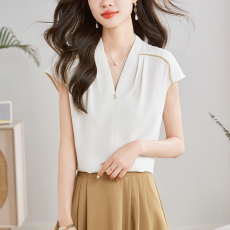批发V领短袖<b class='q'>雪纺衫</b>洋气减龄女2026夏季新款韩版别致通勤套头直筒上衣