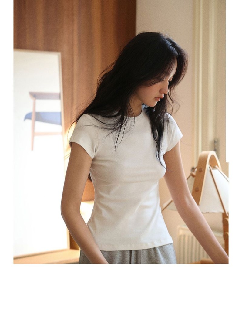 Basic slim fit, right shoulder, flying sleeves, versatile outer wear, white T-shirt, new top for spring and summer