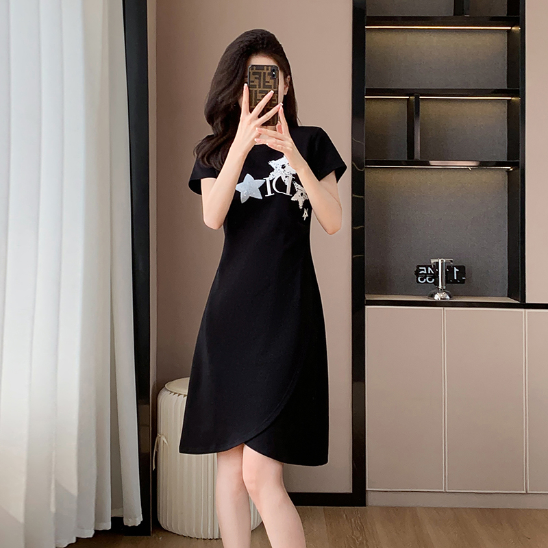 LN29165# 黑色夏季时尚高级感百搭新款法式修身显瘦版连衣裙短袖女 服裝批發女裝批發服飾貨源
