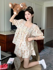实拍韩版夏季法式高级棉麻樱桃甜美蕾丝公主风短袖睡衣套装连衣裙