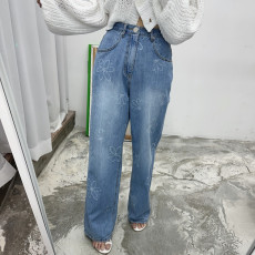批发现 夏季新款女高腰宽松小花直筒<b class='q'>显瘦</b>薄牛仔<b class='q'>裤</b>