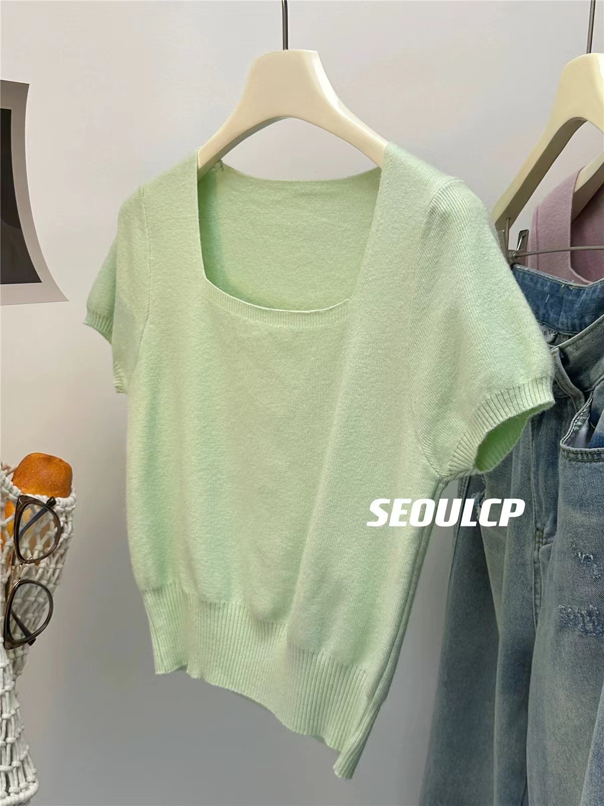 Summer blue square neck knitted shoulder T-shirt women's short-sleeved Korean style slimming thin ice silk short top