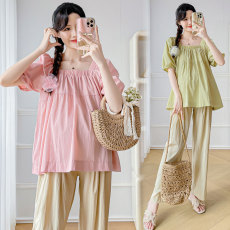 批发实拍孕妇夏季新款方领衬衫法式泡泡袖宽松显瘦<b class='q'>百搭</b>娃娃衫上衣