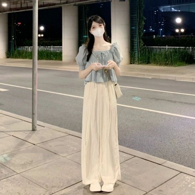 Korean style gentle style sweet puff sleeve babydoll shirt high waist wide leg casual pants fashion two-piece summer set for women