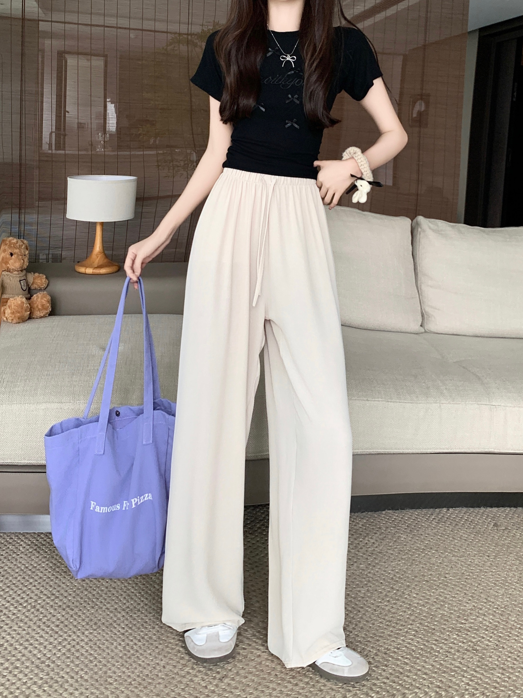 Real shot and real price summer thin walking cool pants drawstring drape casual pants for women high waist loose wide leg long pants