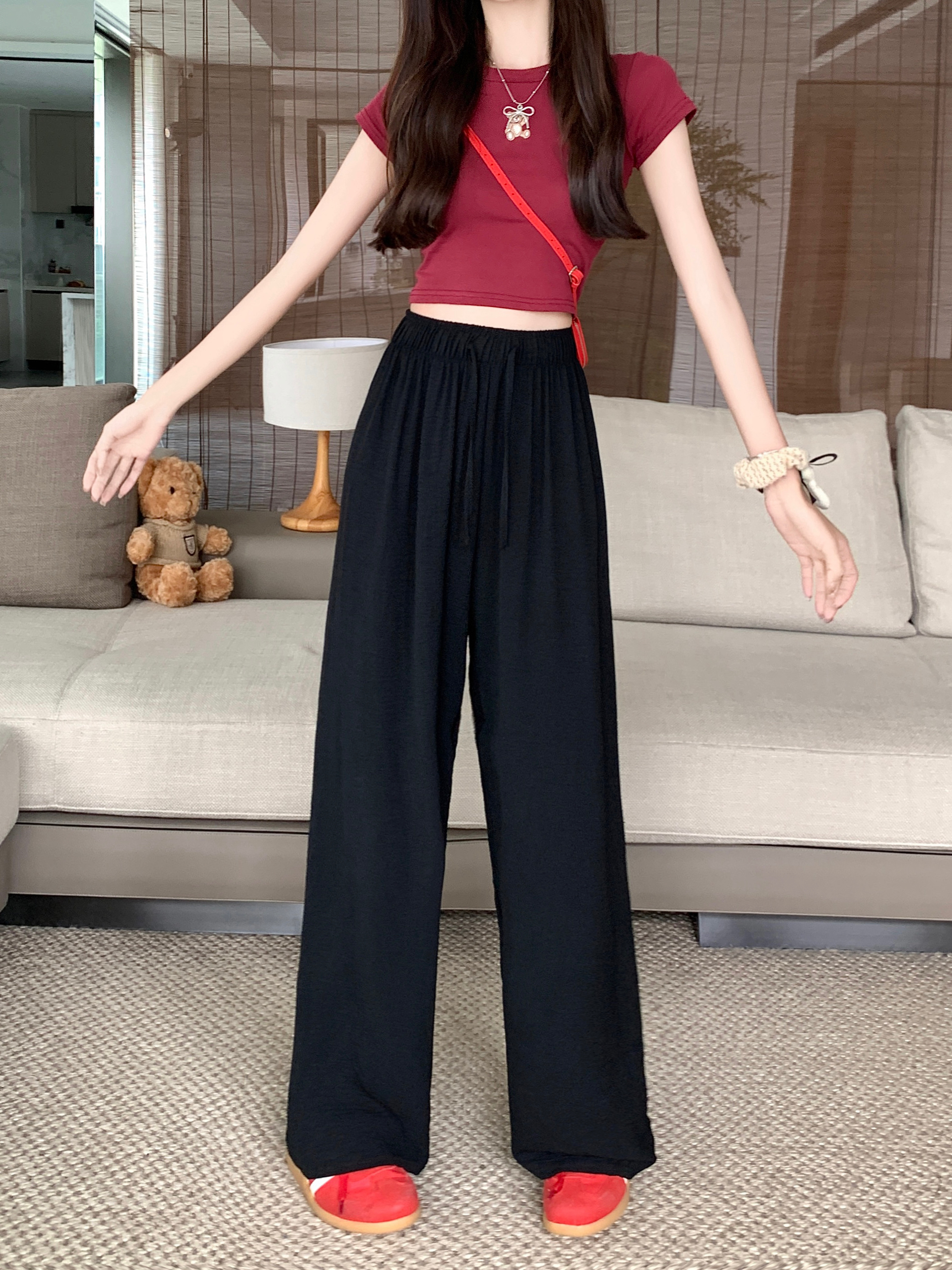 Real shot and real price summer thin walking cool pants drawstring drape casual pants for women high waist loose wide leg long pants