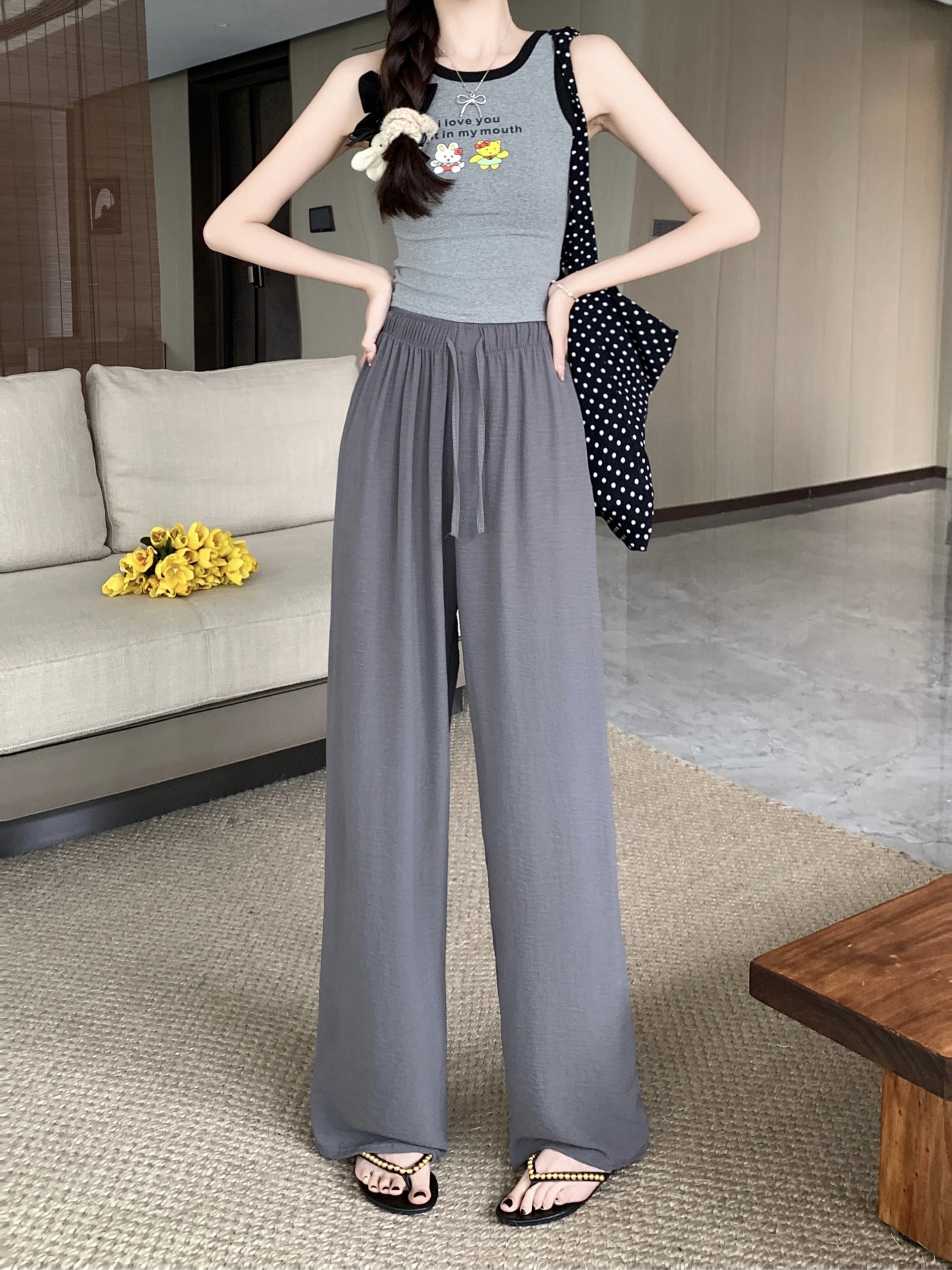 Real shot and real price summer thin walking cool pants drawstring drape casual pants for women high waist loose wide leg long pants