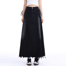 批发实拍胖mm做旧高品质松紧腰毛边裙大码牛仔半身裙女韩版遮胯