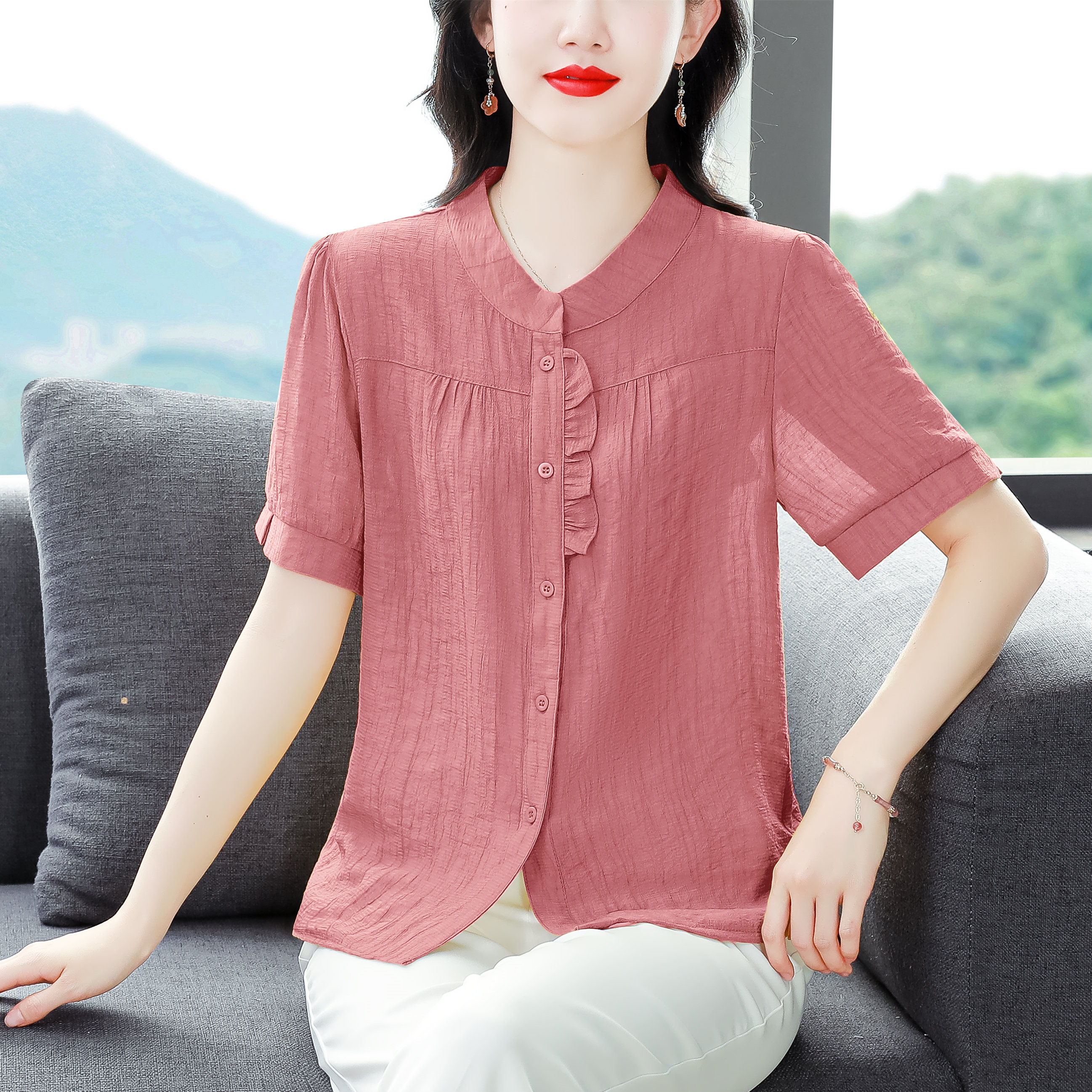 MY5705# 高端天丝棉麻衬衫女短袖夏季新款妈妈小衫宽松遮肚子亚麻上衣女裝貨源服裝批發