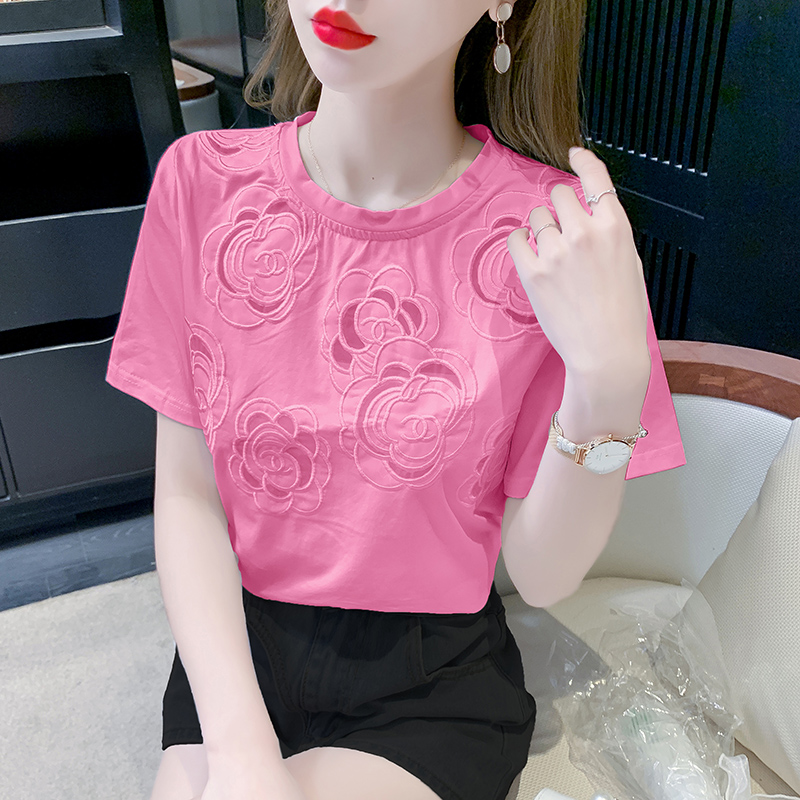 LN24991# 短袖设计感T恤镂空花朵上衣 服裝批發女裝批發服飾貨源