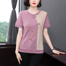 批发妈妈<b class='q'>夏</b>装洋气盘国风针织衫新款T恤中老年女<b class='q'>夏</b>季短袖时尚减龄上衣