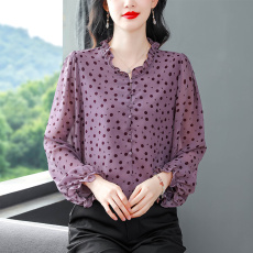 批发2025新款夏季时尚洋气高端妈妈装印花圆领宽松遮肉<b class='q'>雪纺</b>衫女波点