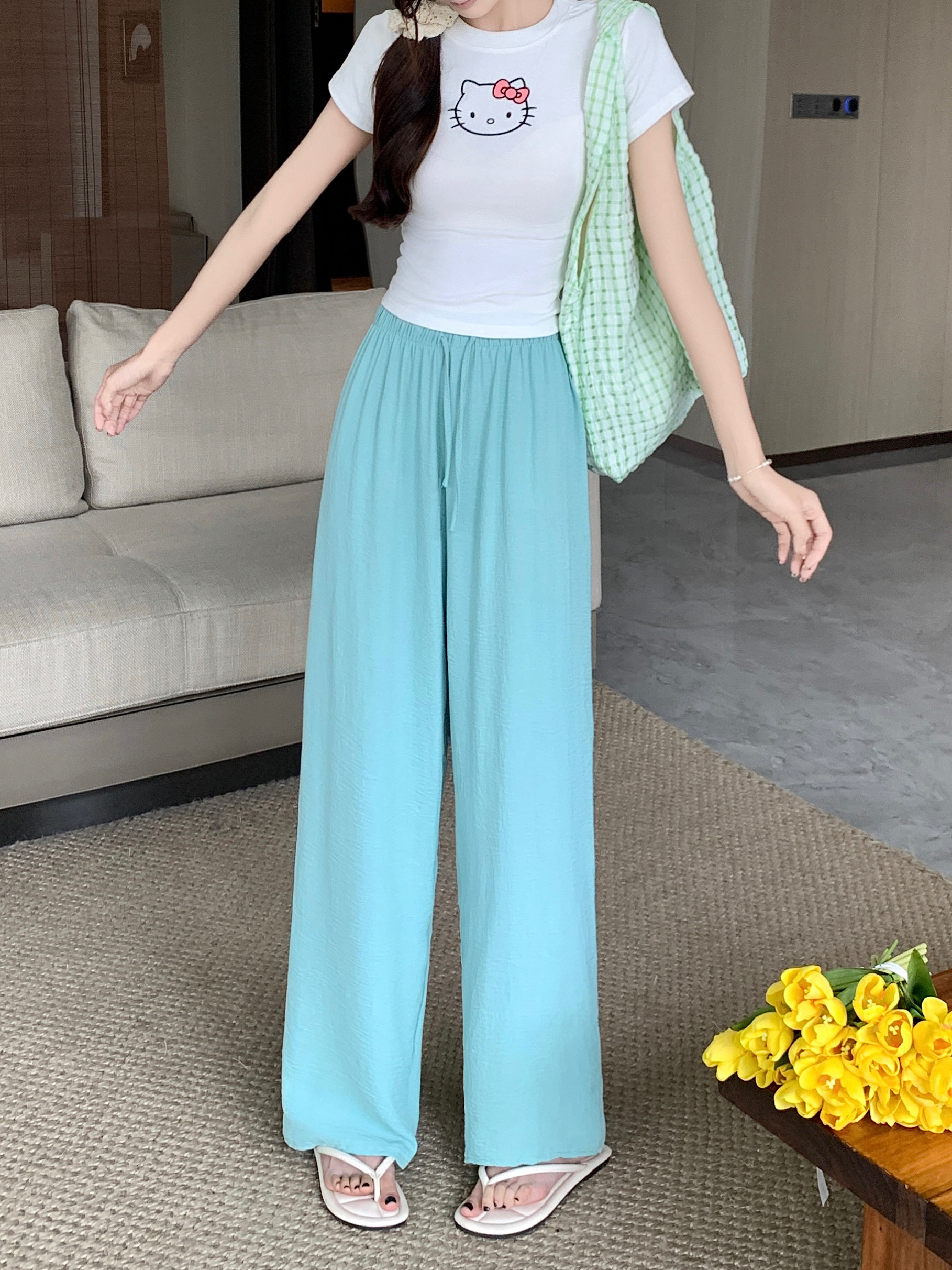 Real shot and real price summer thin walking cool pants drawstring drape casual pants for women high waist loose wide leg long pants