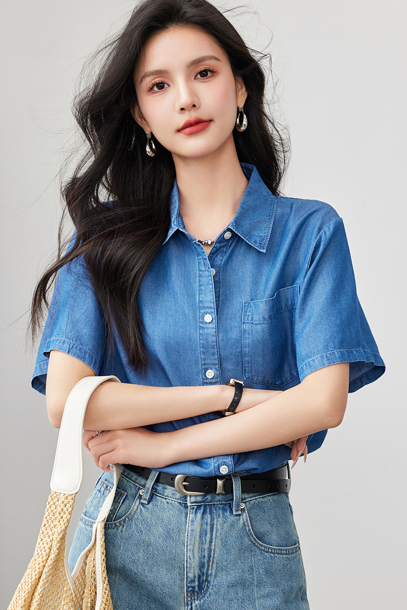 MY1671# 棉薄款全天丝牛仔短袖衬衫女夏季透气衬衣宽松显瘦女裝貨源服裝批發