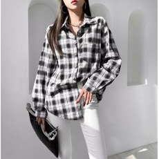 批发<b class='q'>韩版</b>春秋烫钻格子衬衫时尚设计感宽松复古外套女长袖原宿风衬衣