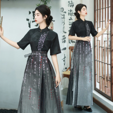 批发实拍书法原创螺钿马面裙新中式提花蚕丝上衣汉服国风舞蹈短袖套装