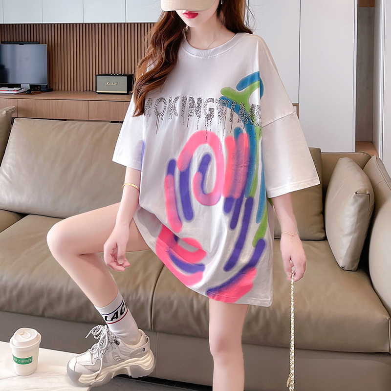 PF7381#100%纯棉韩版中长款重工烫钻短袖T恤女