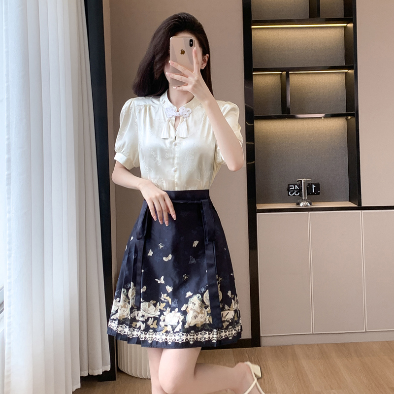 MY8548# 大码新中式国风套装女夏装小个子马面裙提花绸缎面衬衫两件套女裝貨源服裝批發