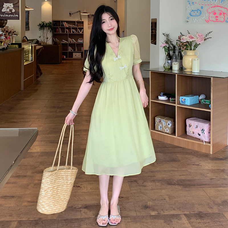 RY2129# 实拍大码女装复古盘扣新中式国风连衣裙夏季法式甜美V领雪纺裙