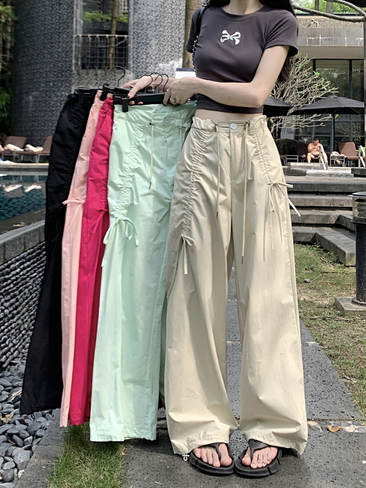 PF7422#多巴胺工装裤美式休闲裤女夏季新款高腰直筒设计感阔腿裤裤子