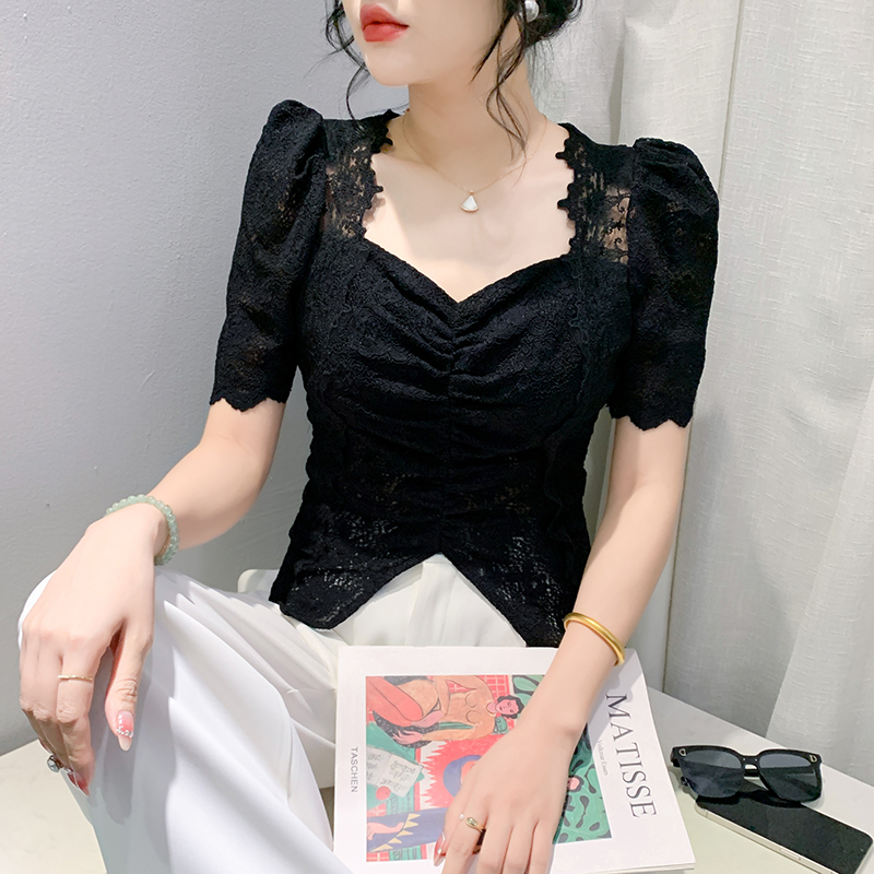 여름 새로운 레이스 디자인 센스 펌프 Pleat 트임 몸매 가꾸기 슬림해 보이는 광장 칼라 반팔 맨위 여성
