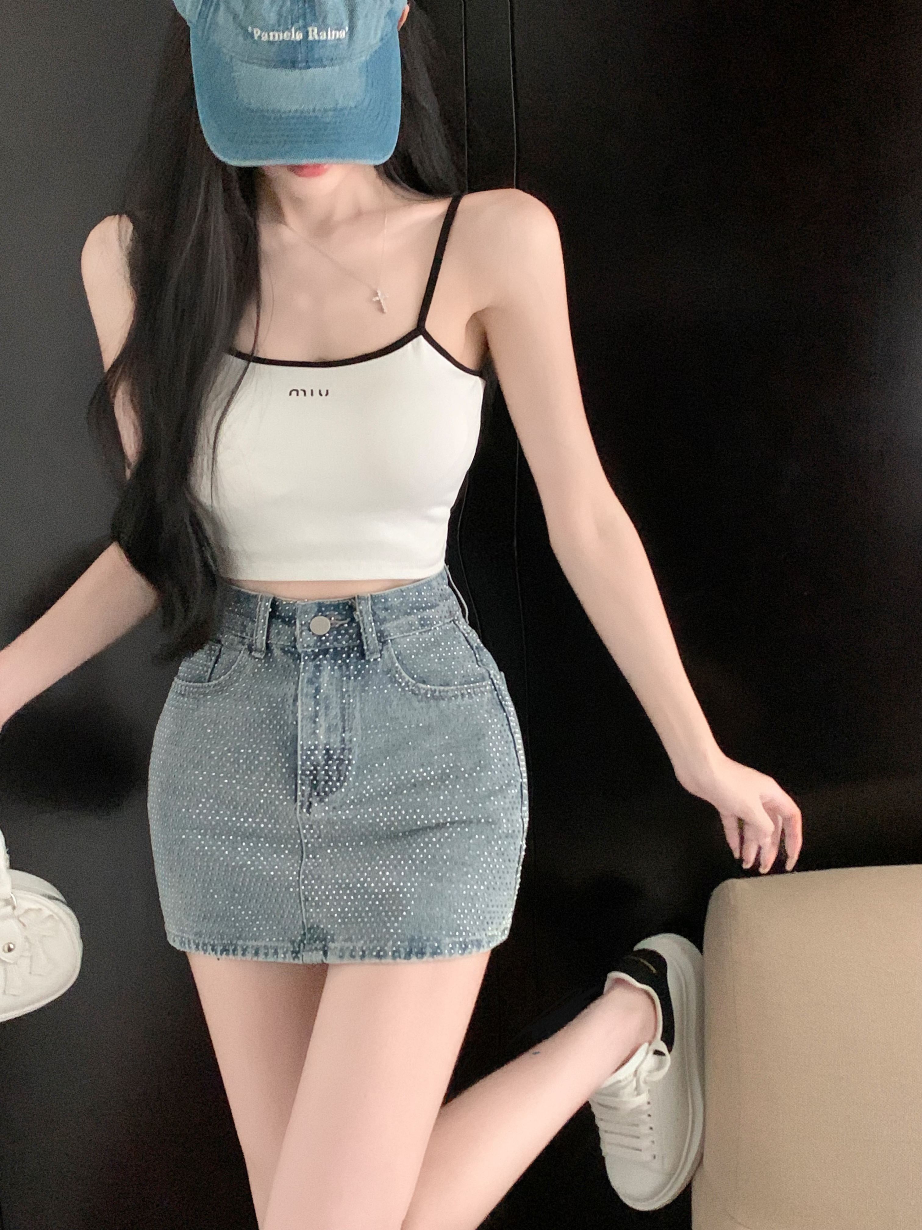 Real shot!  Fashionable sparkling diamond denim skirt for women summer hot high waist slim hip skirt short skirt trendy