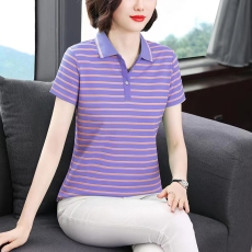 批发纯棉polo衫t恤女夏季新款条纹翻领短袖大码<b class='q'>运动</b>休闲有领女士上衣