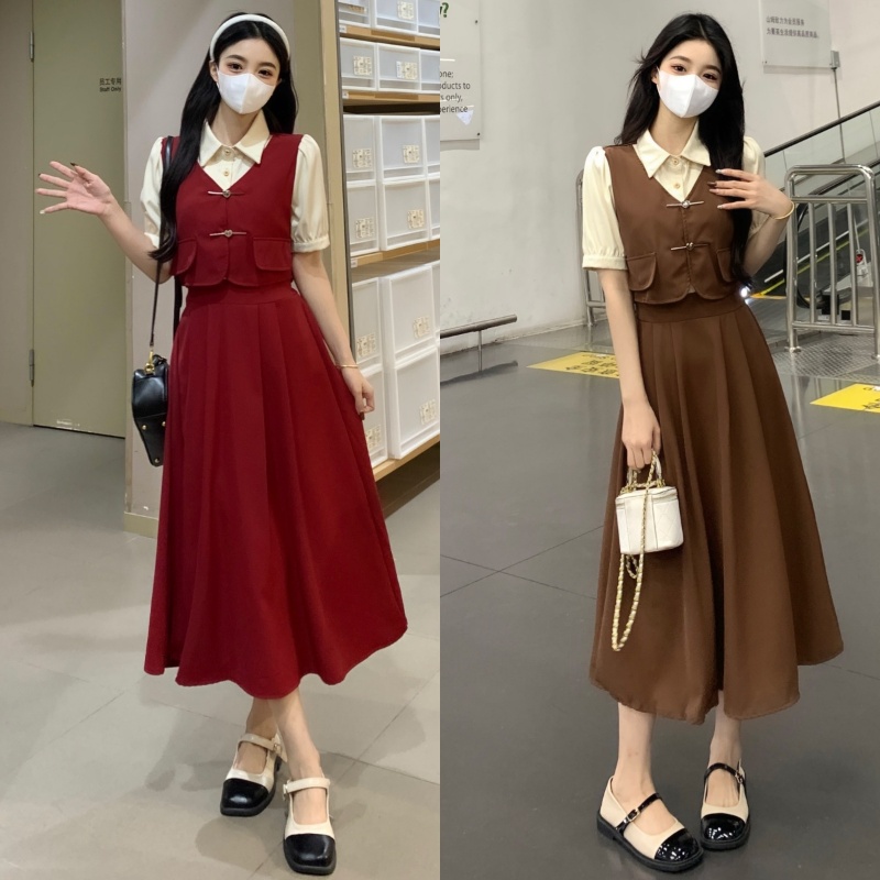 실사 여름 새로운 프랑스식 레트로 학원 스타일 페이크 레이어드 허리 수축 슬림해 보이는 레이스업 드레스