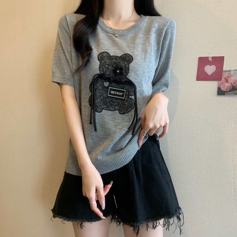 PF7346#大码夏季新款甜美韩系设计感小熊短袖圆领显瘦针织衫T恤女