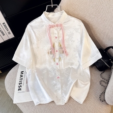 批发新中式国风旗袍缎面衬衫女夏装宫廷风马面裙上衣别致绝美刺绣衬衣