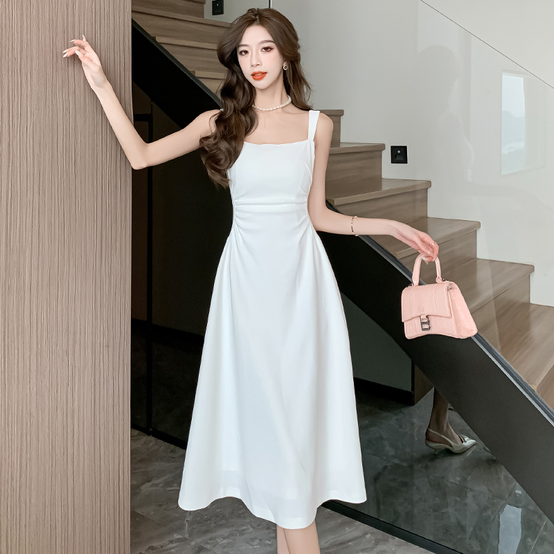 RY315# 实拍 白色吊带连衣裙2026女新款方领法式收腰小众领证长裙子