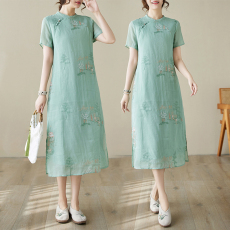 批发实拍 国风重工刺绣改良旗袍文艺温婉棉麻短袖立领气质<b class='q'>连衣裙</b>