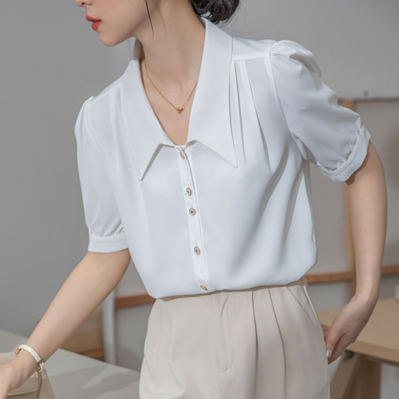 Puff-sleeved French simple chiffon shirt for women summer new style design lapel white thin top