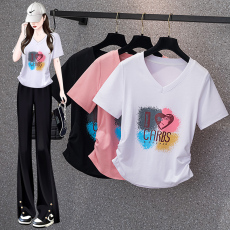 批发实拍<b class='q'>大码</b>女装<b class='q'>韩版</b>爱心印花V领短袖上衣女胖mm褶皱收腰显瘦百搭t恤
