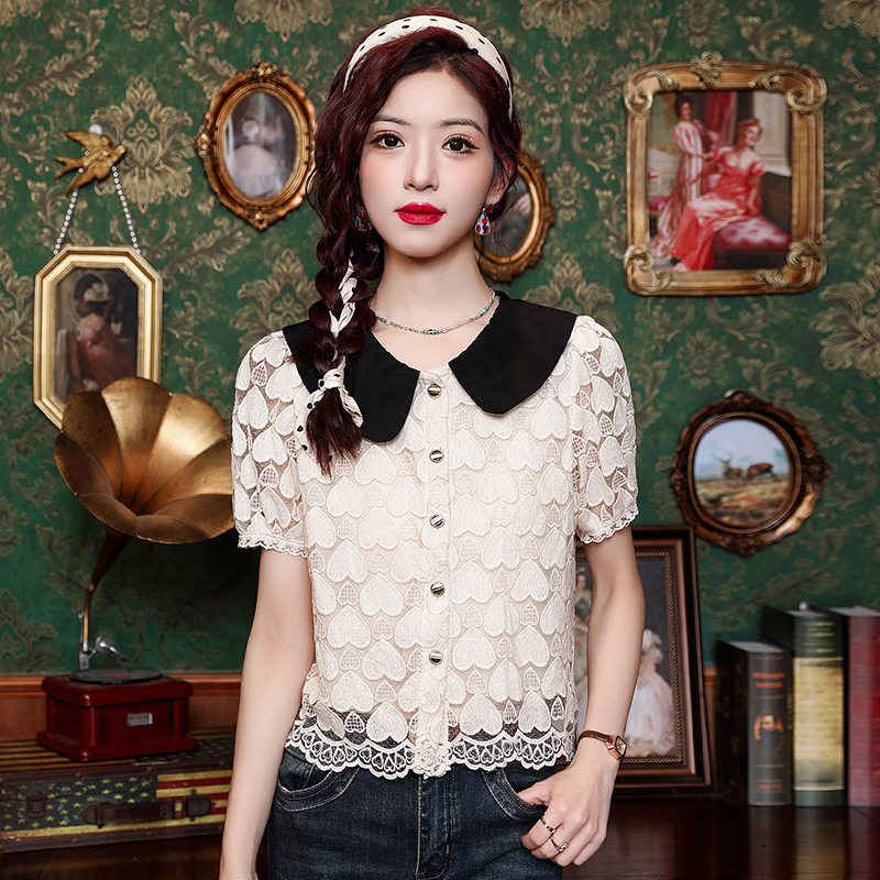 LN25636# 夏季韩版设计感小众撞色衬衫甜美蕾丝衬衣女短袖上衣 服裝批發女裝批發服飾貨源