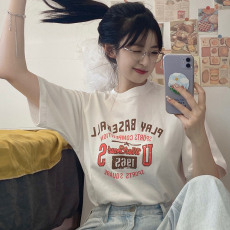 批发100%纯棉原版外贸夏装慵懒宽松字母卡通印花短袖<b class='q'>T</b><b class='q'>恤</b>韩系<b class='q'>原宿</b><b class='q'>上衣</b>