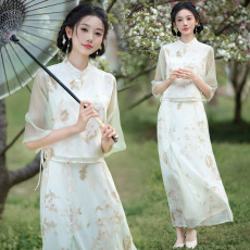 实拍新中式民族风立领盘扣协襟印花中袖女国风古典上衣半身裙套装