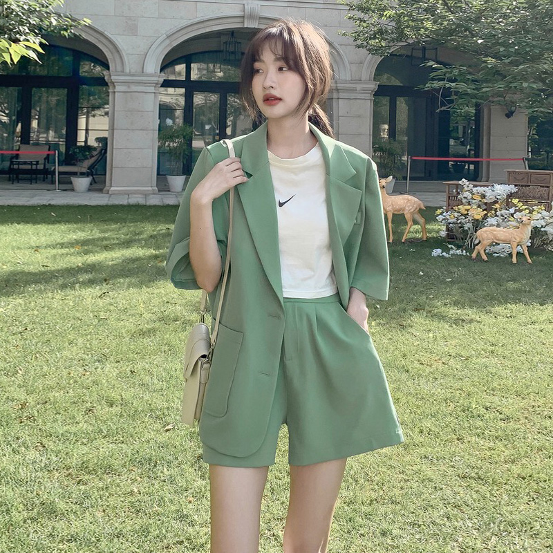 LN25203# 夏季新款轻薄透气短袖西装时尚套装绿色夏季套装两件套  服裝批發女裝批發服飾貨源