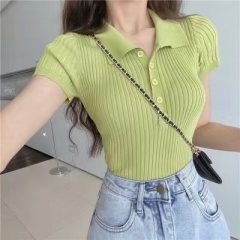 2024 Summer Internet Celebrity Slim Fit Short Top Korean Style Retro Small Lapel Short Sleeve Knitted T-Shirt for Women