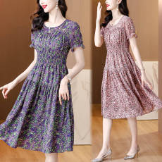 批发实拍 2026夏季新款大码短袖碎花连衣裙洋气减龄中长款