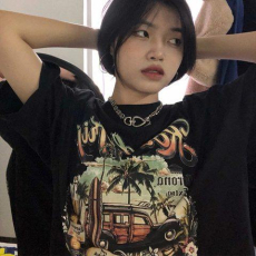 批发100%纯棉原版外贸夏装慵懒宽松字母卡通印花短袖<b class='q'>T</b><b class='q'>恤</b>韩系<b class='q'>原宿</b><b class='q'>上衣</b>