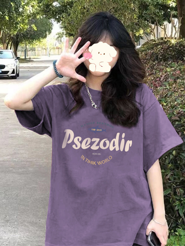 Pure cotton 220g purple short-sleeved trendy t-shirt for women summer 2024 new design niche loose half-sleeved top