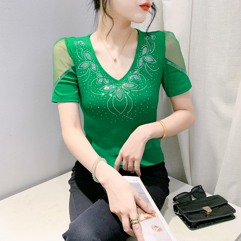 LN25439# 夏季新款韩版性感V领烫钻时尚修身美背短袖小衫上衣T恤  服裝批發女裝批發服飾貨源